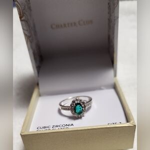 CHARTER CLUB, MACY'S, CZ, SILVER PLATED RING, SIZE 7, GREEN, NEW